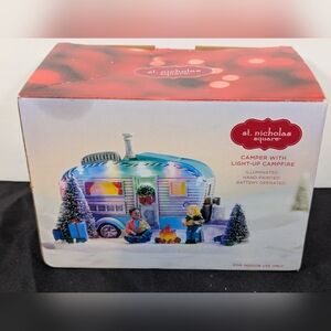 St. Nicholas Square Blue and White Holiday Camper With Campfire